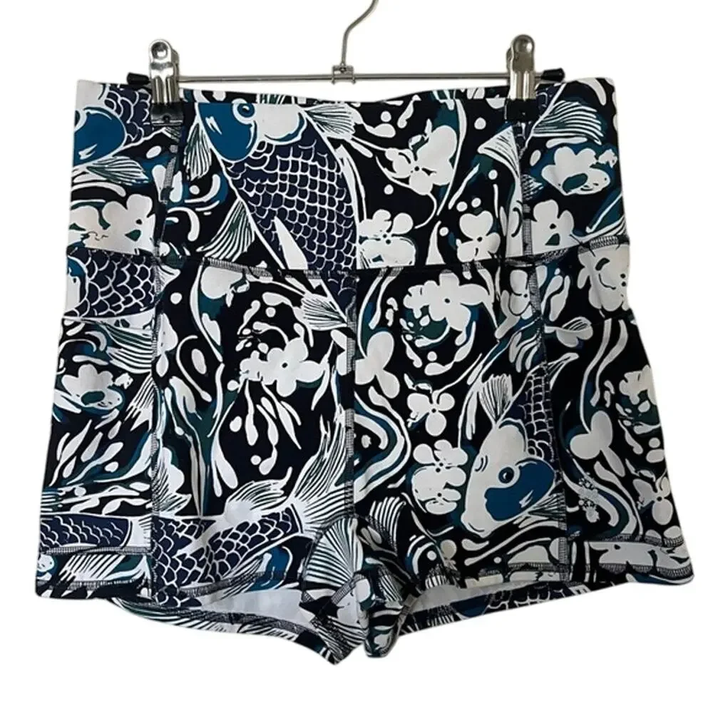 New FREE PEOPLE MOVEMENT Never Better Printed Run Shorts $58 SMALL Blue Koi Fish